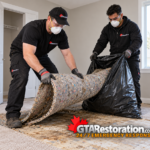 Two technicians place rolled carpet underpad into a heavy-duty disposal bag.