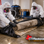 Technicians wrapping contaminated carpet and underpad in heavy plastic