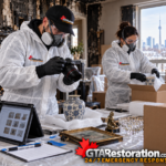 Restoration technicians document and pack household belongings after fire damage.
