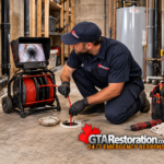 Plumber feeding a drain inspection camera into a cleanout beside a video monitor