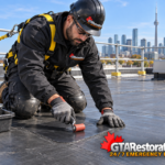 Technician pressing a membrane patch onto a flat roof