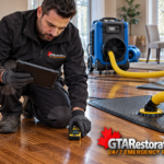 Technician checking hardwood moisture beside a connected drying mat