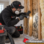 Technician inspecting mold growth inside an opened wall cavity with a flashlight