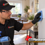 GTA Restoration technician wiping a light switch with a damp cloth