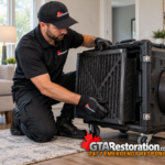 Technician installs a dark filter cassette in a portable air filtration unit.