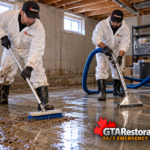 Technicians scrubbing a muddy basement floor and extracting wash water