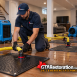 Technician connecting drying mats and hoses on a wet basement hardwood floor