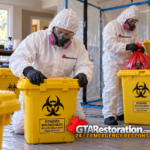 Technicians secure labelled biohazard waste containers inside a contained work area.