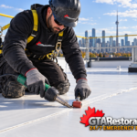 Roofer repairing a seam in a flat roof membrane