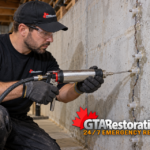 Installer seals around a pipe passing through an exterior foundation wall.