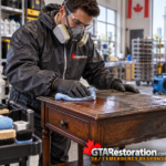 Technician cleans soot from a wooden side table in a restoration workshop.