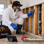 Technician checking exposed wall framing with a moisture meter