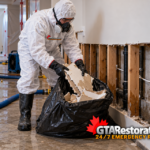 Technician bagging damaged drywall beside exposed lower wall framing