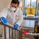 Technician disinfecting a metal stairwell handrail in a condominium