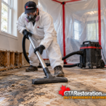 Technician vacuuming an exposed subfloor after damaged flooring removal