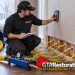 Technician checking wall moisture above connected drying hoses