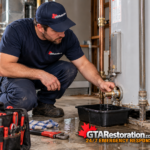 Plumber inspecting a leaking water heater with a catch basin nearby