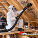 Technician vacuuming mold-affected roof sheathing from an attic work platform