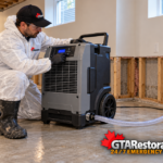 Technician adjusting a commercial dehumidifier in a basement