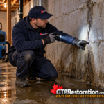 Technician examining a leaking basement foundation crack with a flashlight