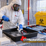 Technician cleans a reusable pickup tool over a tray at a protected decontamination station.