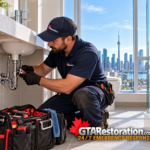 Plumber repairing bathroom sink plumbing in a condo overlooking Toronto