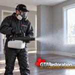 Technician in protective clothing operates a cold fogger in a vacant room.