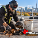 Technician servicing a drain on a flat roof
