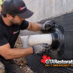 Worker arranges gravel around a drain inlet inside a metal basement window well.
