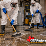 Technicians scrubbing a concrete floor and recovering dirty wash water