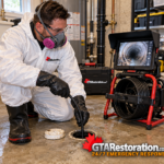 Technician feeding a sewer inspection camera into a cleanout beside a monitor