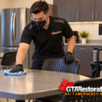 Technician disinfecting a shared staff-room table beside a supply trolley