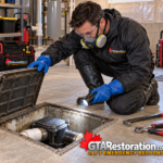 Technician inspecting a backwater valve through an open basement floor access hatch