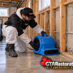 Technician positioning an air mover beside exposed basement framing