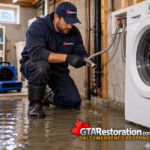 Technician inspecting a washing machine supply hose above a flooded basement floor