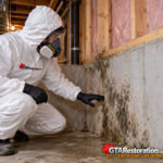 Technician examining a stained wall below exposed studs and insulation