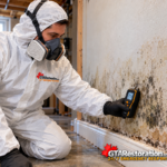 Technician holding a moisture meter against a damaged wall