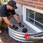 Technician connects a downspout extension leading away from a brick house foundation.