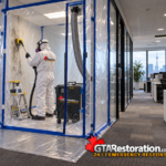 Technician working inside a sealed mold remediation enclosure in an office