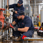 Two plumbers working on utility pipes in a commercial mechanical room