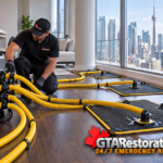 Technician adjusting floor drying equipment in a Toronto condominium