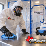 Technician in protective equipment treating a workbench inside a contained area