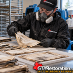 Technician carefully handles damaged papers on drying supports in a restoration workspace.