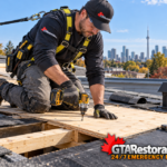 Roofer fastening replacement decking over exposed roof framing