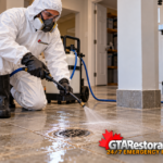 Technician applying treatment to a cleaned tile floor near a drain