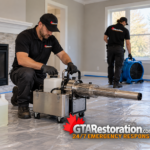 Technician prepares thermal fogging equipment on a protected floor in an empty room.