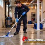 Technician mopping a basement concrete floor after floodwater extraction