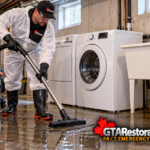 Technician extracting water beside basement laundry appliances