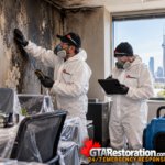 Two technicians assess soot-covered walls in a Toronto office after a fire.