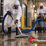 Technicians extracting wastewater in a commercial utility corridor